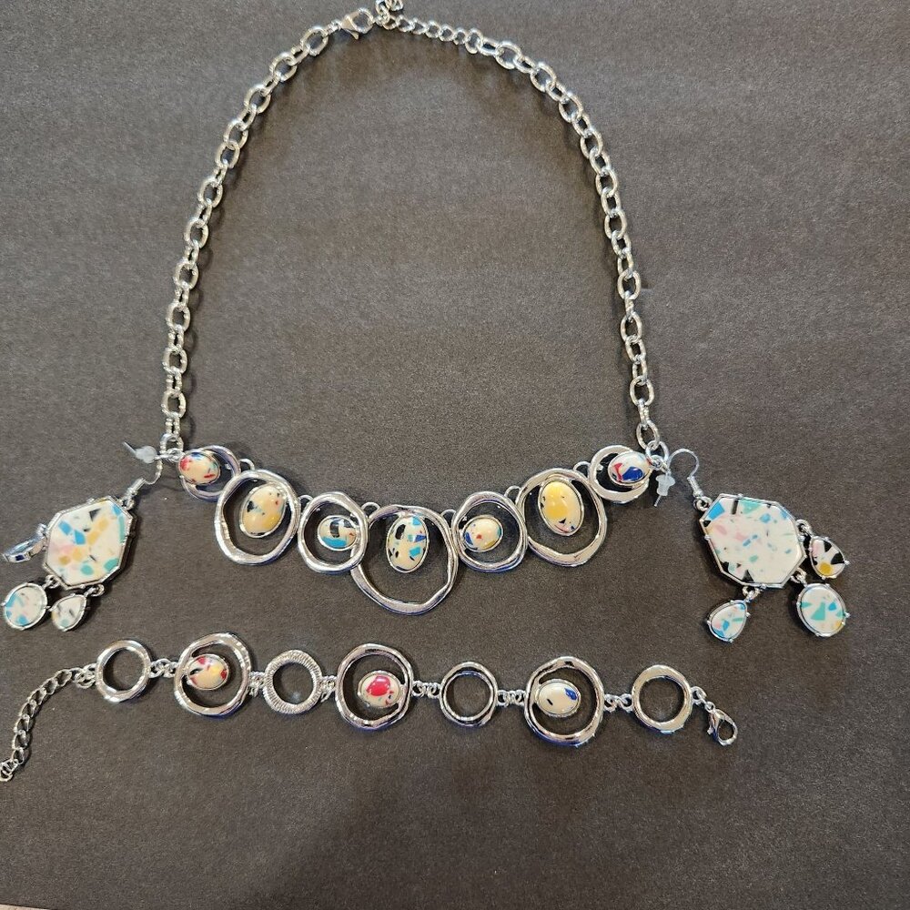 Vintage Multicolor Terrazzo-Style Jewelry Set W/ Necklace Earrings & Bracelet -